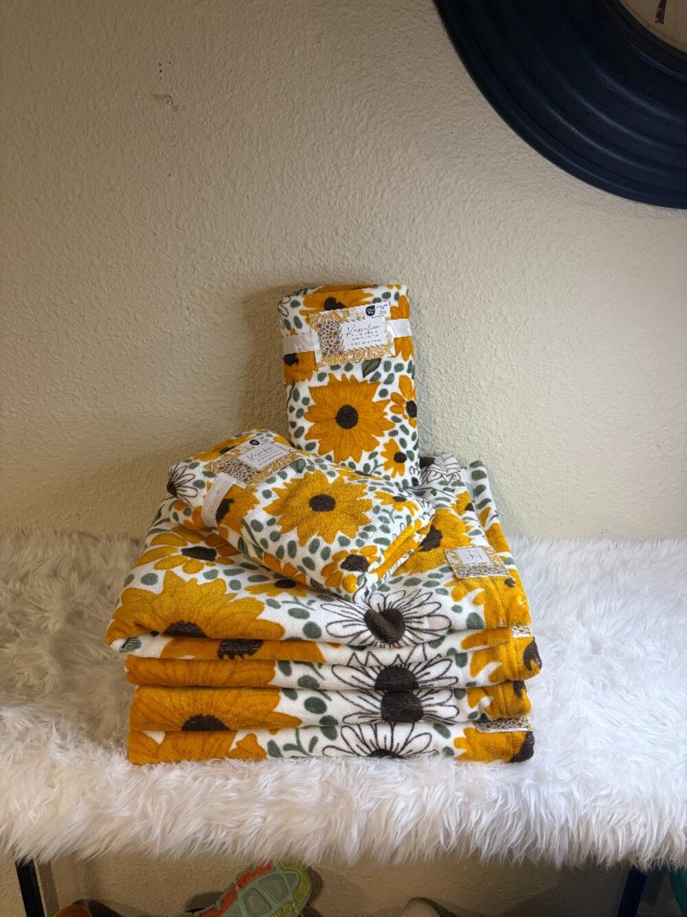 Kassafina Sunflower Floral 8 Pc Bath Hand Towel Set Yellow Green Cotton NWT